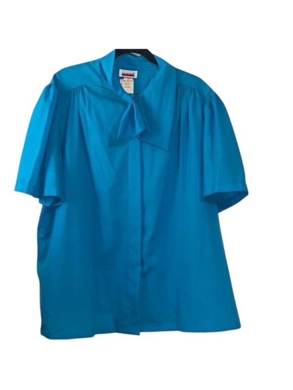 Ms Bond Womens Bow Tie Blouse Top Size 44 100% Polyester Turquoise Short Sleeve
